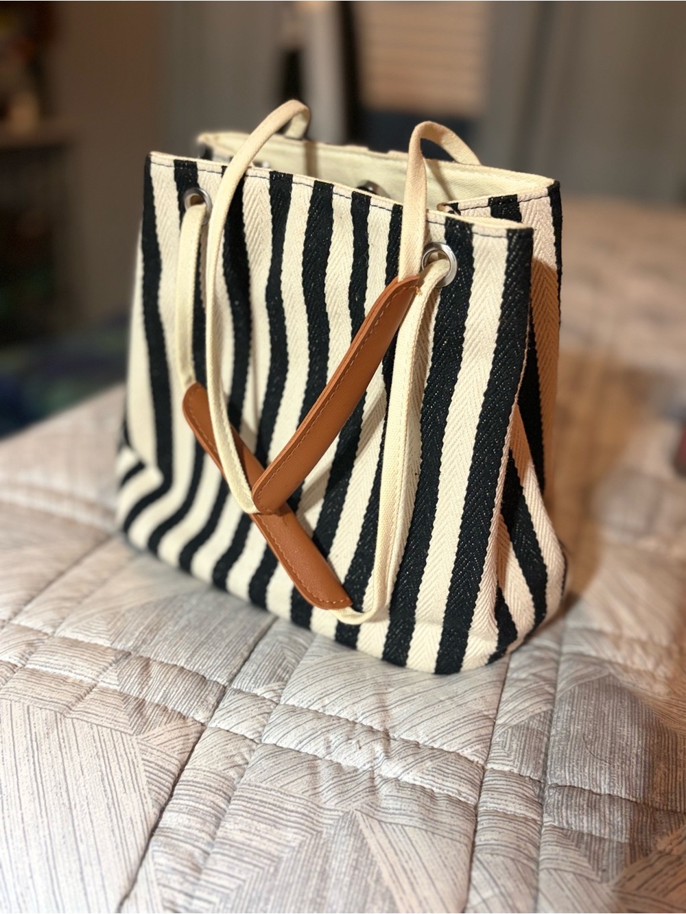 Striped Canvas Tote Bag with Tan Leather Accents